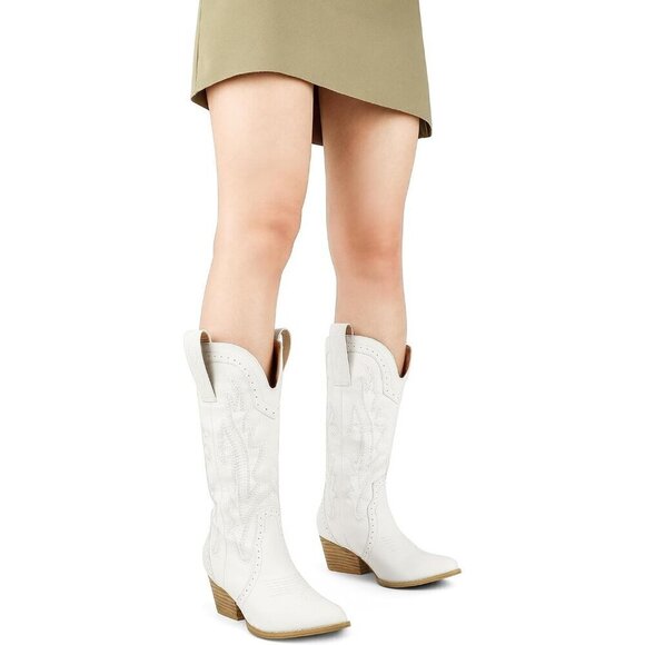 Women White Mid-calf Pointy Toe Embroidered Western Cowgirl Boots Chunky Heels - Picture 4 of 8